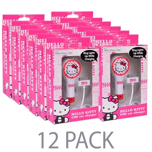 (12-Pack) Hello Kitty USB (2.1 Amp) Car Charger for iPad/iPhone/iPod w/USB to 30-Pin Dock Connector Cable