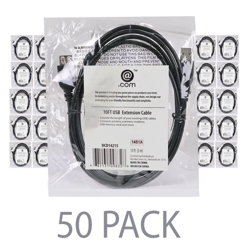 (50-Pack) 10' @.com DCD14215 USB 2.0 A (M) to USB 2.0 A (F) Extension Cable (Black)