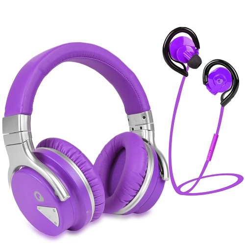 Que Design E228184-PUR Rechargeable Bluetooth Wireless Headphone & Wireless Earbuds w/Microphone & 3x Eartips (Purple)