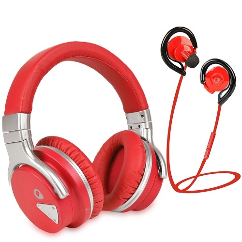 Que Design E228184-RED Rechargeable Bluetooth Wireless Headphone & Wireless Earbuds w/Microphone & 3x Eartips (Red)