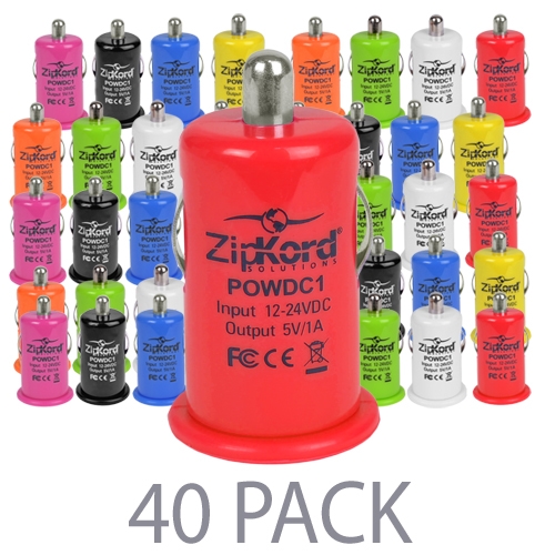 (40-Pack) ZipKord POWDC1 1.0A Single Port USB Car Charger (Assorted Colors)