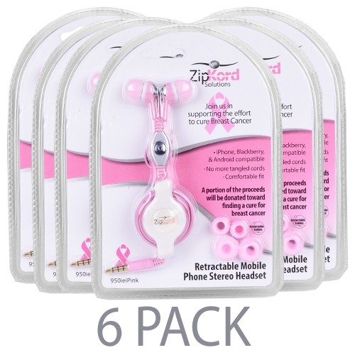 (6-Pack) ZipKord 950ieiPink Retractable Mobile Phone In-Ear Stereo Headset w/Inline Microphone & 3.5mm Plug (Pink)
