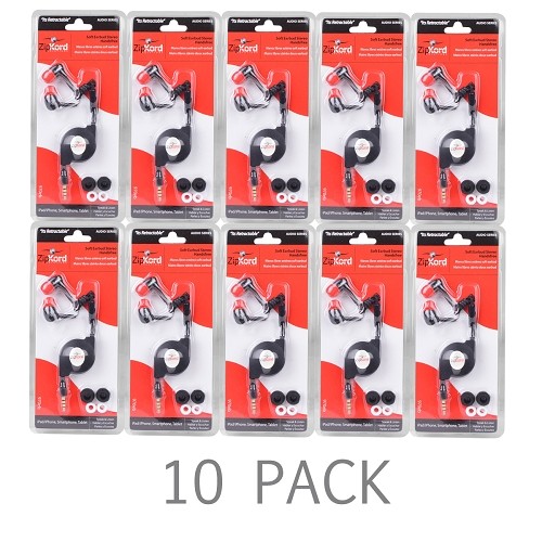 (10-Pack) ZipKord 970eb Retractable Earbud Stereo Headset w/Inline Microphone & 3.5mm Plug (Black)