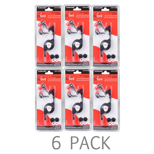 (6-Pack) ZipKord 970eb Retractable Earbud Stereo Headset w/Inline Microphone & 3.5mm Plug (Black)