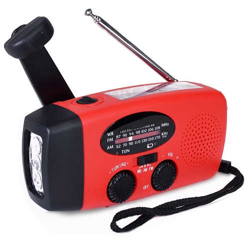 3 LED Hand Crank/Solar Powered Emergency Flashlight w/AM/FM Radio & USB Charging Port