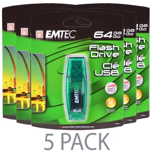 (5-Pack) Emtec C400 Candy Series 64GB USB 2.0 Flash Drive (Green) - Retail Hanging Packs