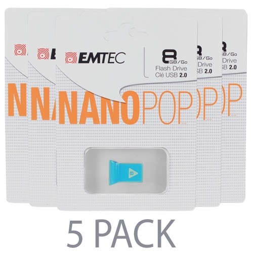 (5-Pack) Emtec D100 Nanopop 8GB USB 2.0 Flash Drive (Blue) - Retail Hanging Packs