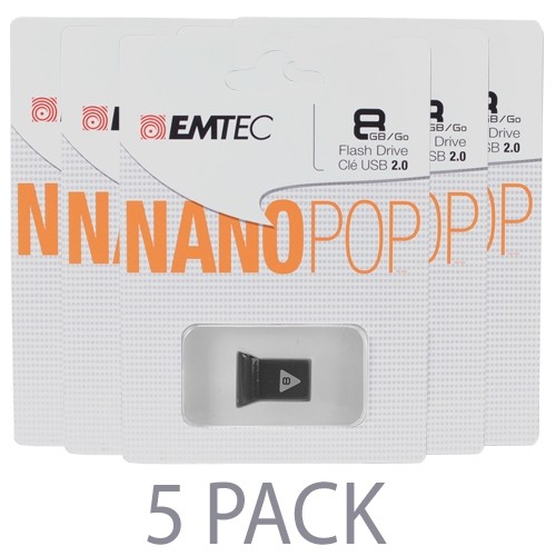 (5-Pack) Emtec D100 Nanopop 8GB USB 2.0 Flash Drive (Black) - Retail Hanging Packs