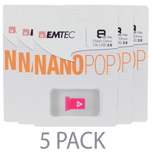 (5-Pack) Emtec D100 Nanopop 8GB USB 2.0 Flash Drive (Pink) - Retail Hanging Packs